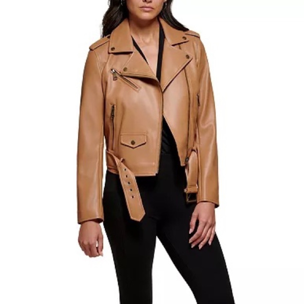 Faux leather Motorcycles jacket edgy zipper jacket camel brown DKNY jacket new